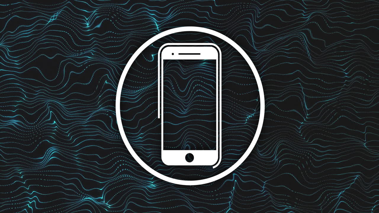 어두운 배경의 파동선 위의 스마트폰 아이콘 애니메이션