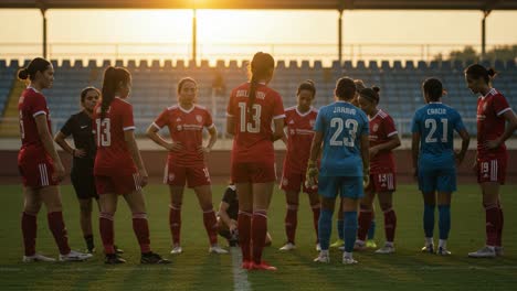 team huddle: female soccer players strategizing at sunset before a match, showcasing unity and determination on the field