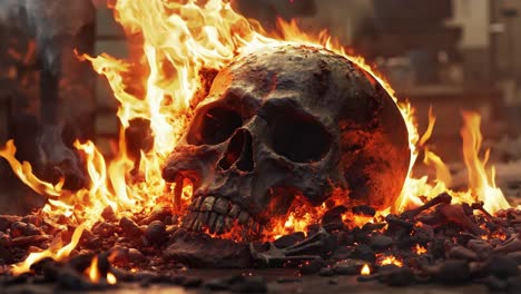 a burning skull sitting on top of a pile of fire