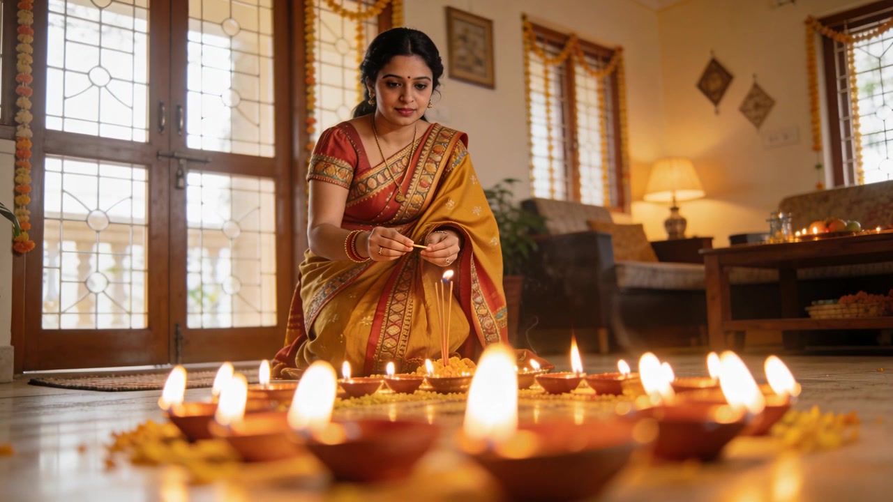 Lighting woman in red sari at home using lit wick igniting diyas for ritual amid marigolds