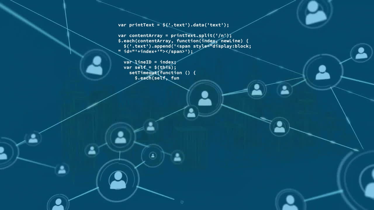 Animation of connected profile icons and computer language over blue background