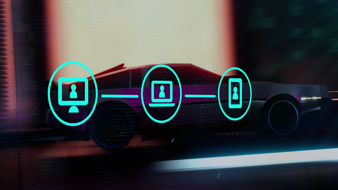 animación de la interfaz digital con iconos sobre la conducción del coche