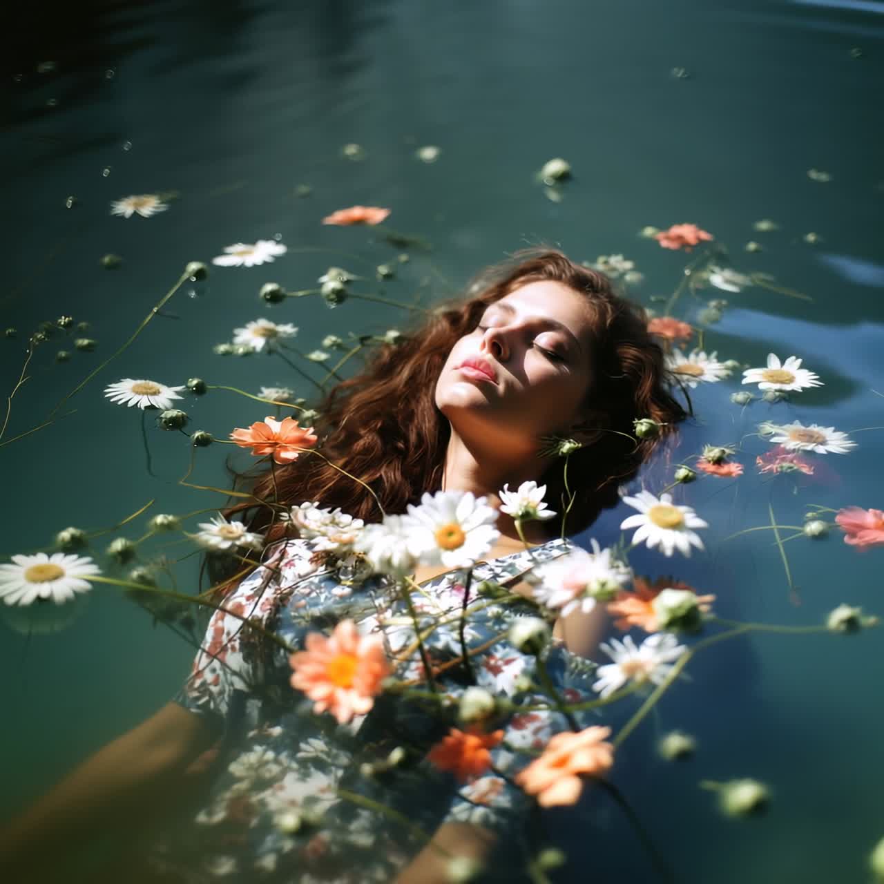 A serene, artistic video concept with a top-down angle capturing a woman floating among flowers