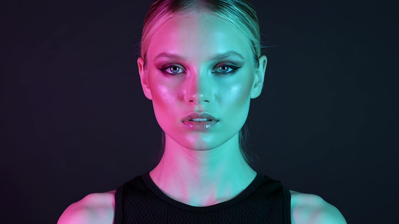 Model in black sleeveless top holding frontal pose in studio, camera rolling with magenta teal gels