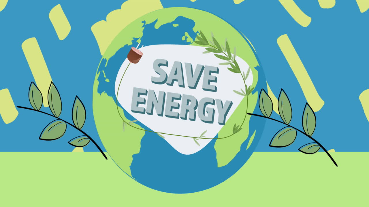 animación de texto de ahorro de energía sobre globo y hojas sobre fondo azul y verde