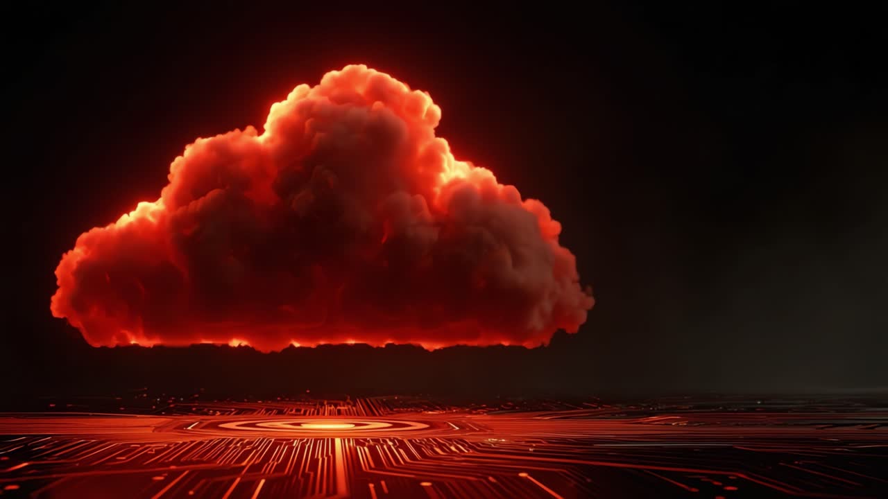 Eine fesselnde Darstellung einer leuchtend roten Wolke, die über einer technologieinspirierten Schaltkreisbasis schwebt und die Schnittstelle von Natur und fortschrittlicher Technologie veranschaulicht.