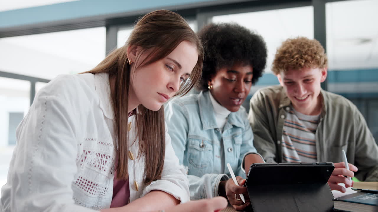 Students collaborating on a project using a tablet