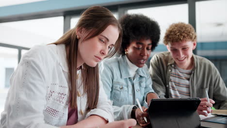students collaborating on a project using a tablet