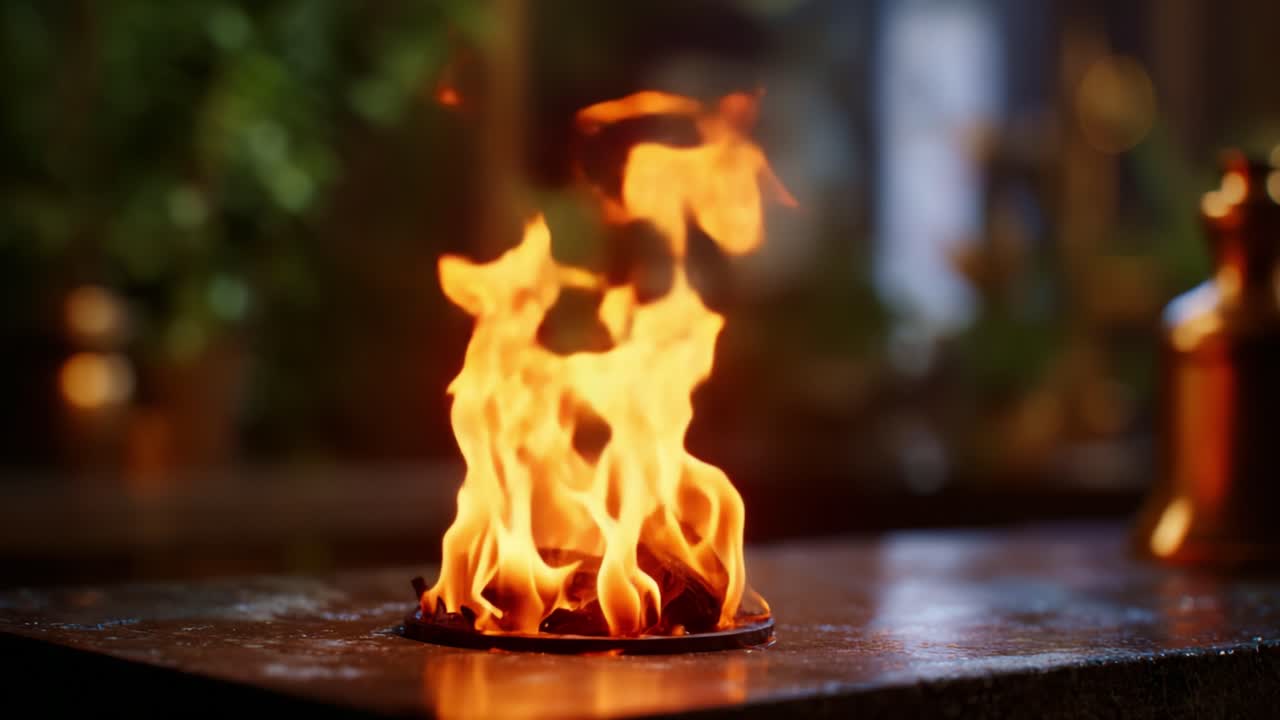 Un’affascinante immagine di fiamme che danzano in un contenitore metallico, emanando calore e luce su uno sfondo leggermente sfocato di elementi naturali