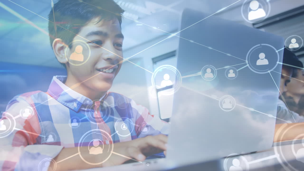 노트북을 이용한 학교 학생을 통한 연결 네트워크의 애니메이션