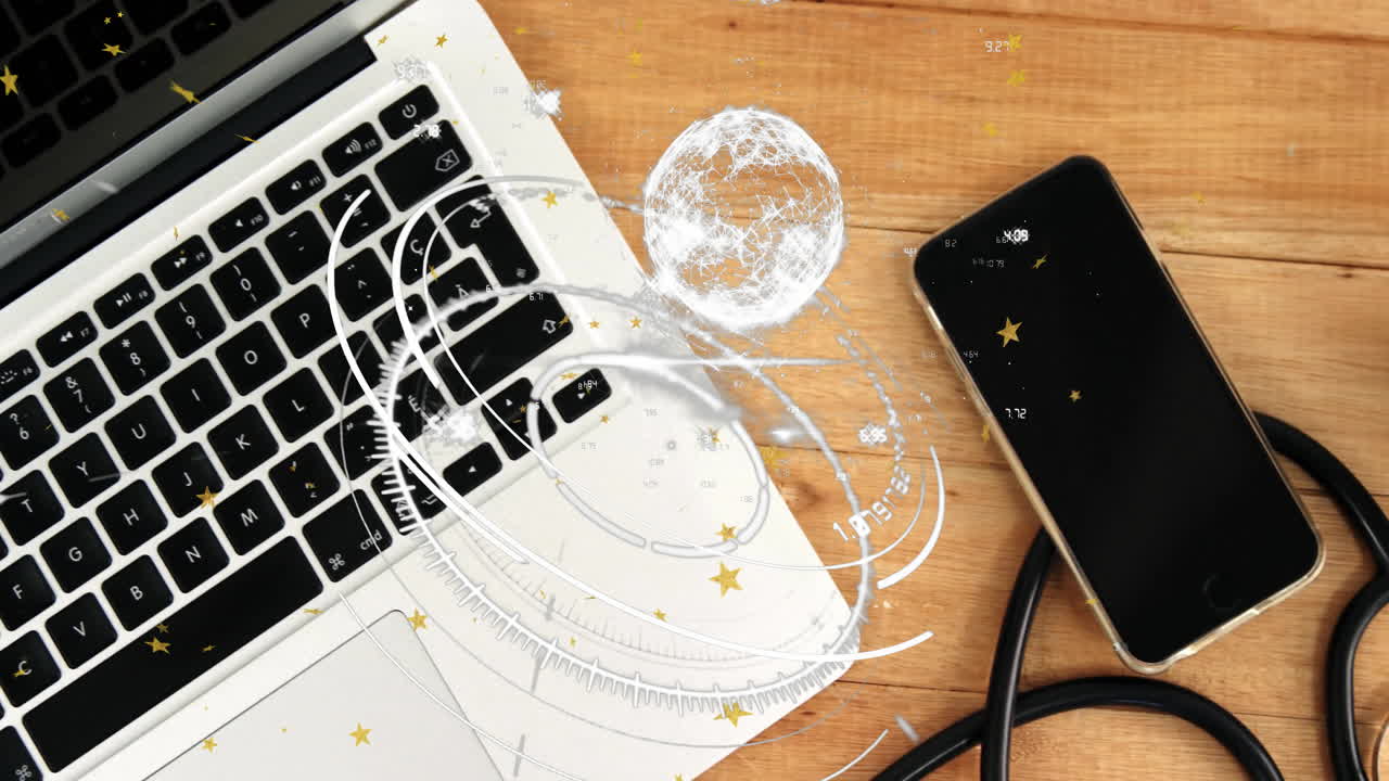 Digital workspace showing rotating HUD elements on silver keyboard, featuring charging smartphone