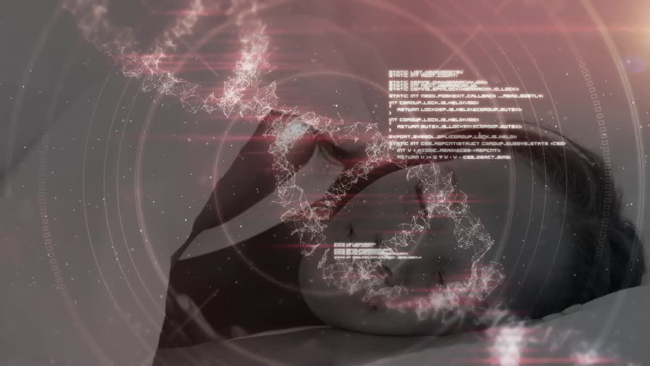 dna 가닥의 애니메이션과 잠자는 여자에 대한 과학적 데이터 처리