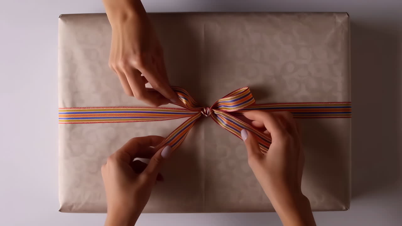 Hands Tying a Colorful Ribbon on a Gift Box