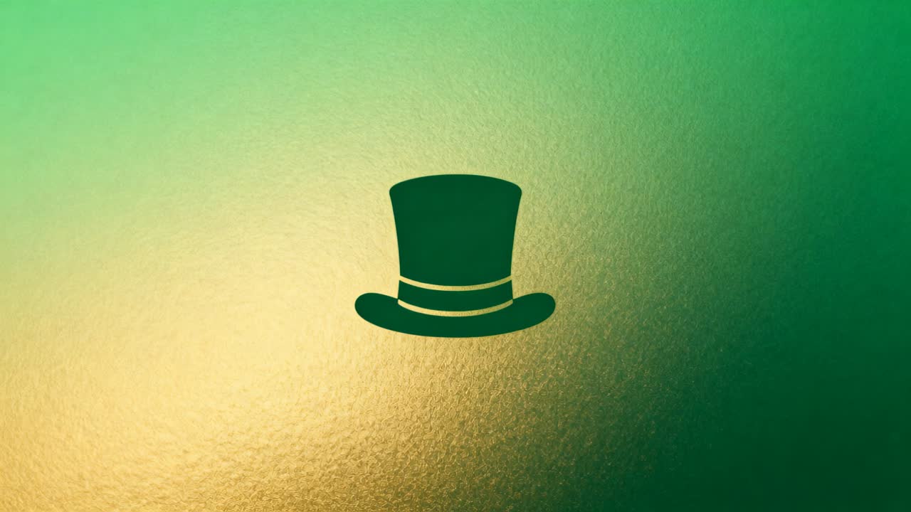 Displaying dark green top-hat staying centered on green-gold grain backdrop, studio lights shifting
