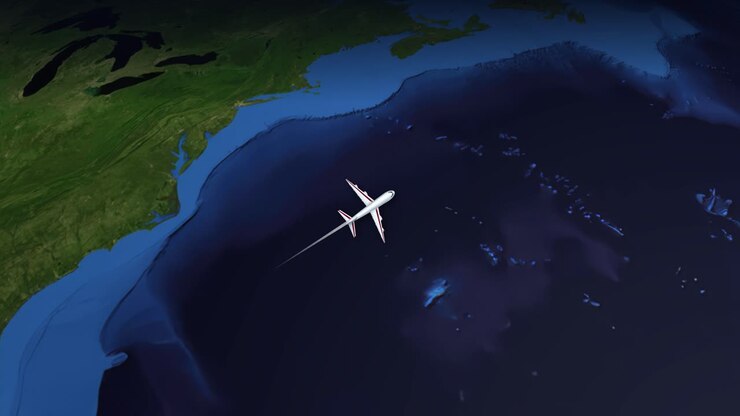 Et kommercielt fly flyver over Atlanterhavet fra Miami til Istanbul på et verdenskort.