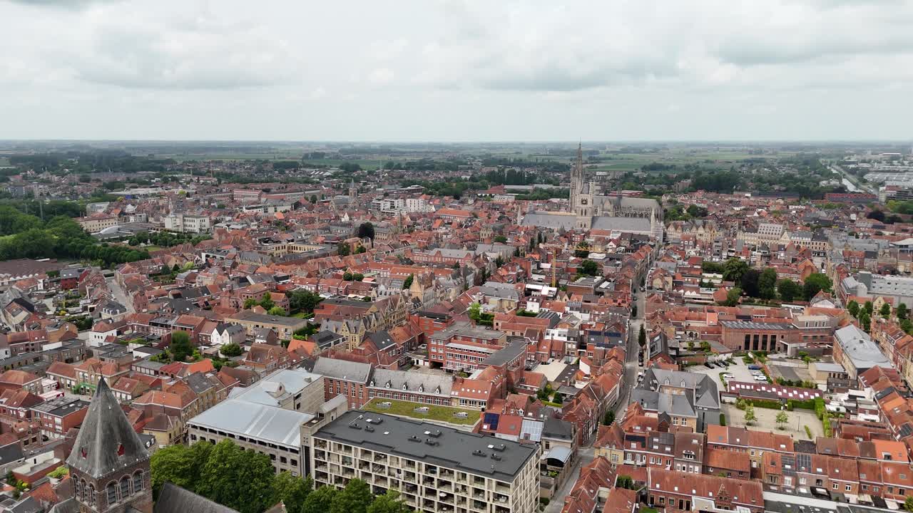 Ypres city centre Belgium Panning drone aerial