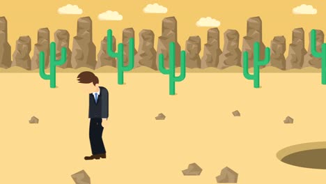 el hombre de negocios cae en el agujero. el fondo del desierto. el concepto de riesgo. ilustración de bucle en estilo plano.