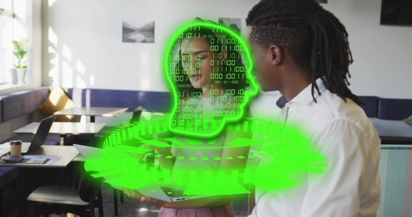 Female tech pro tapping laptop launching green hologram head spinning rings collapsing laptop demo