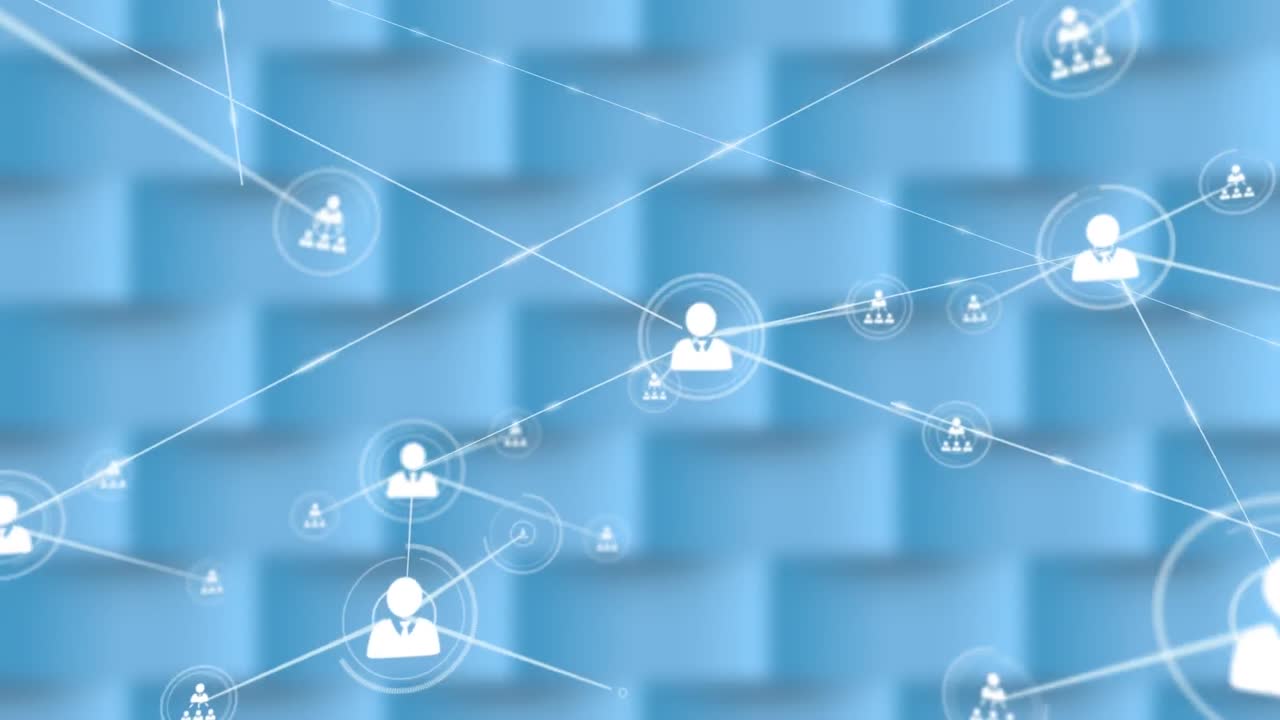 animación de la red de conexiones con iconos de usuario sobre un fondo de ladrillo azul