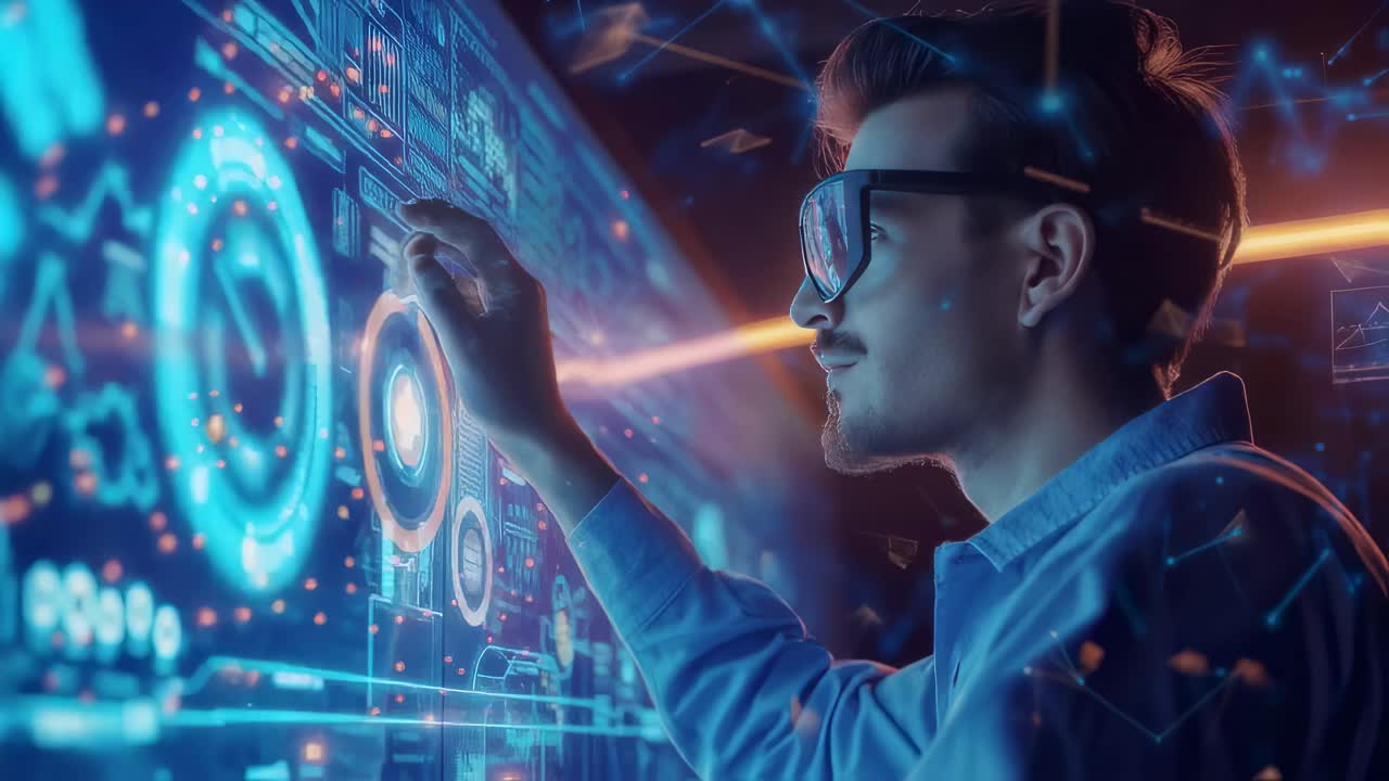 Person interacting with a futuristic holographic display