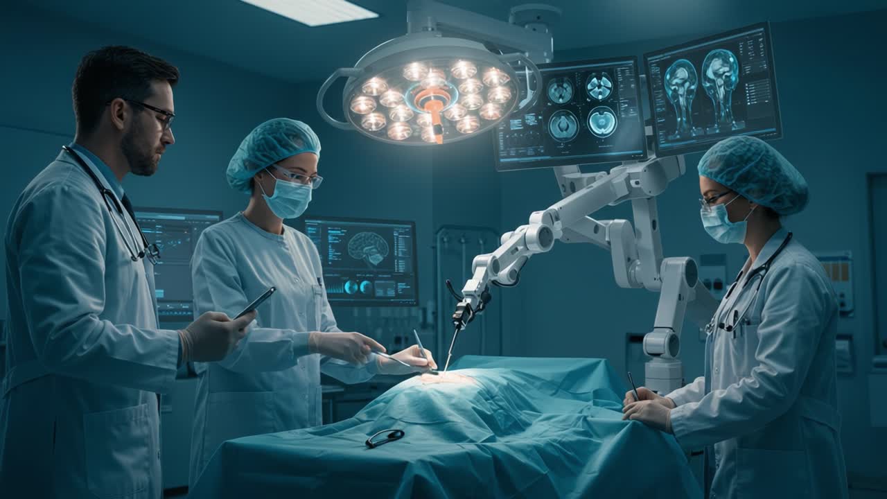 Surgeons Collaborate with Advanced Robotics in a Modern Operating Room, Showcasing Precision Medicine and Innovative Techniques in Surgical Procedures