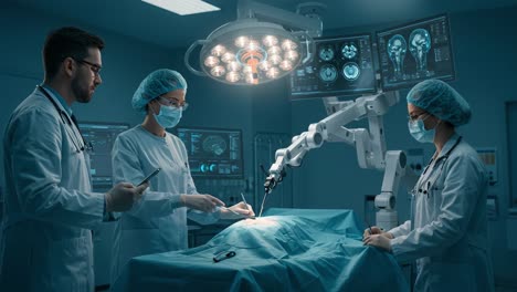 surgeons collaborate with advanced robotics in a modern operating room, showcasing precision medicine and innovative techniques in surgical procedures