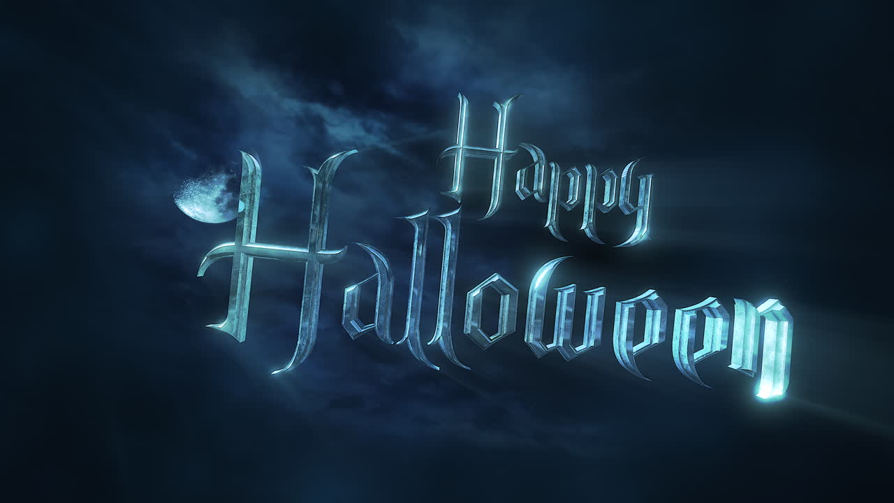 Animasjonstekst God Halloween og mystisk animert halloweenbakgrunn med mørk måne og skyer 1