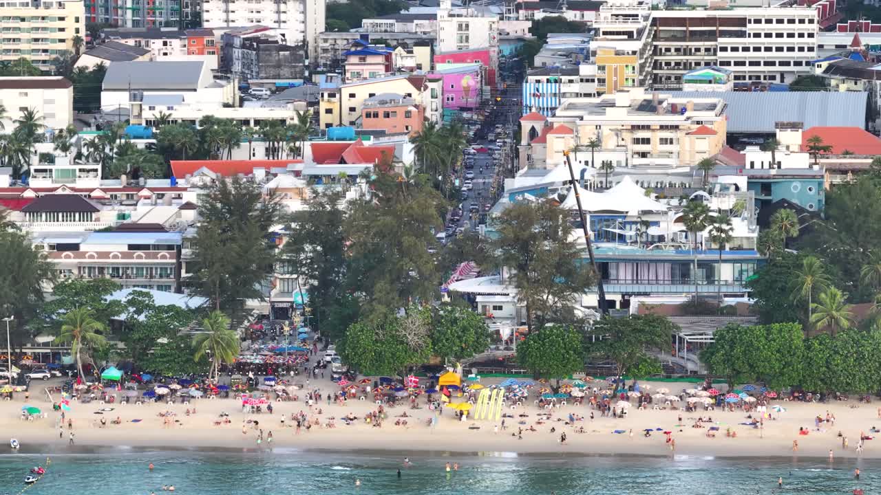 Bustling Beachfront and Bangla Road, Patong Town In Phuket Island, Thailand. Aerial Drone Shot