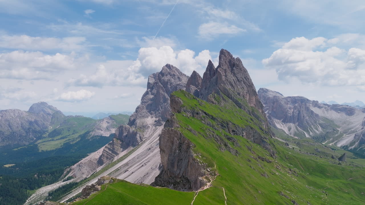 Seceda ridgeline in Dolomites, Drone shot