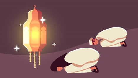 ramadan kareem animation with muslim couple praying and golden lantern