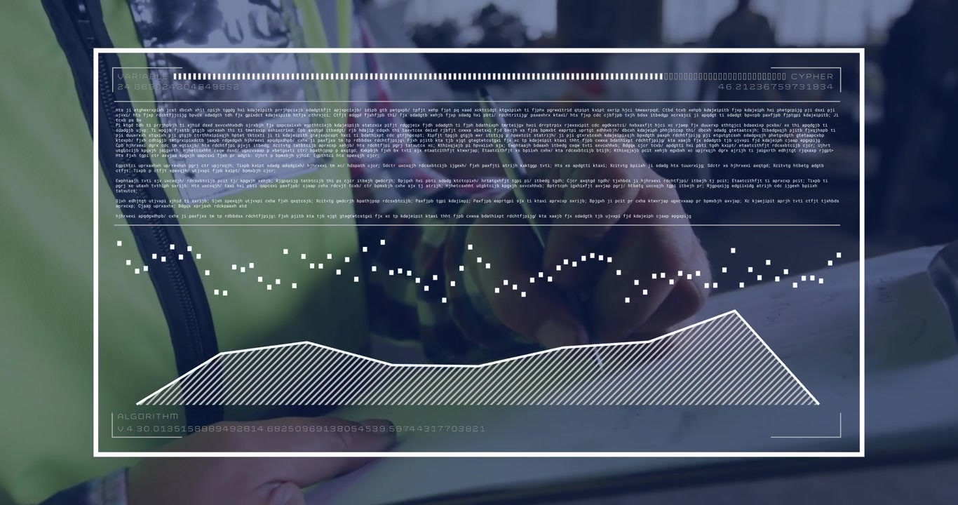 Warehouse tech tapping tablet logging data and animating overlay showing code, waveform and chart