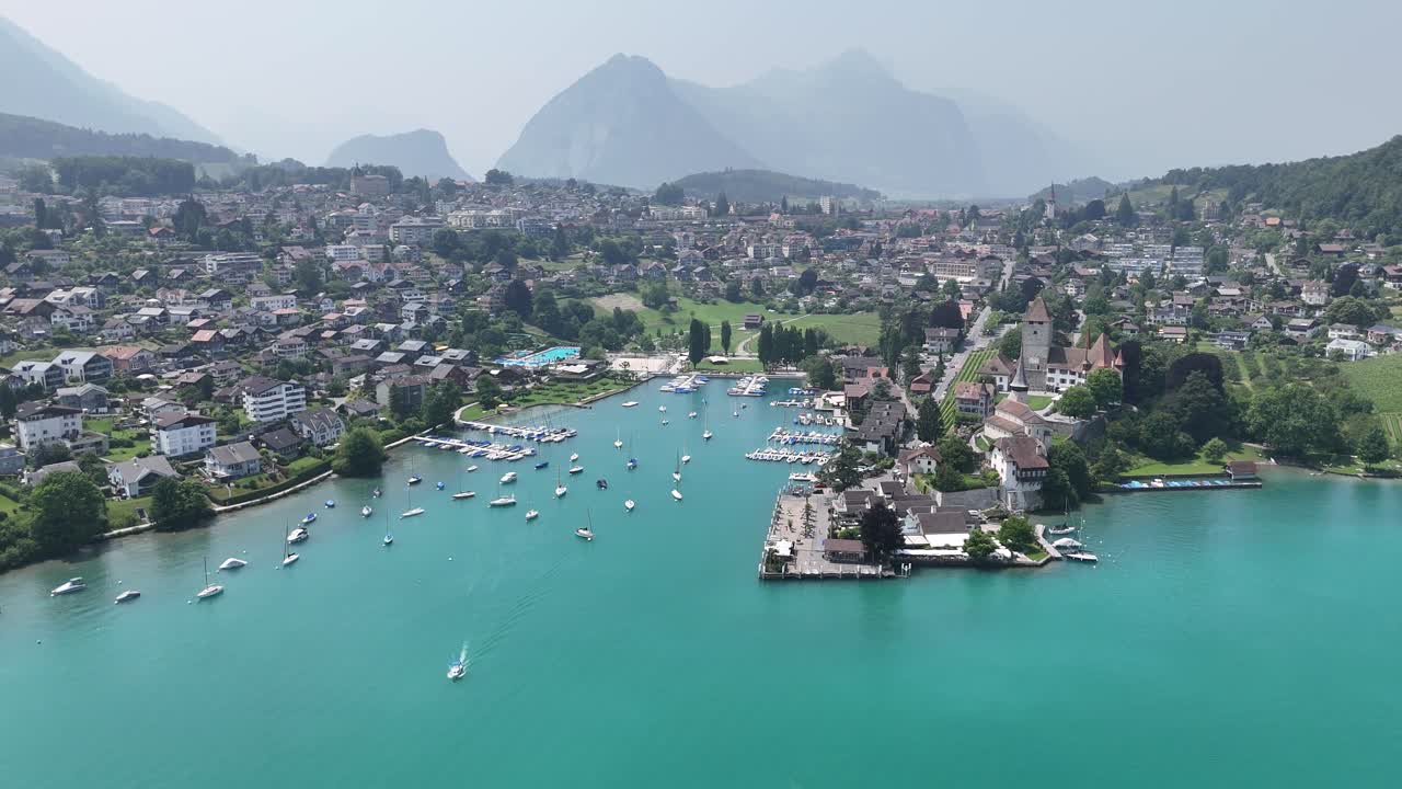Spiez Town on lake Thun Switzerland drone, aerial
