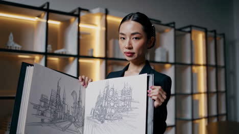 woman architect showcasing urban design sketches