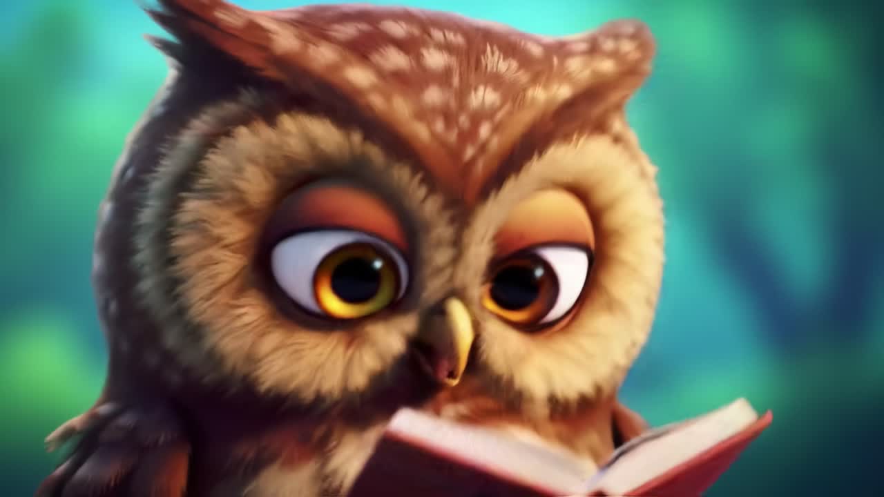 A Curious Owl Enters the World of Books, Discovering Enchantment in Every Page It Turns, Illustrating the Joy of Reading and Learning in a Whimsical Forest Setting
