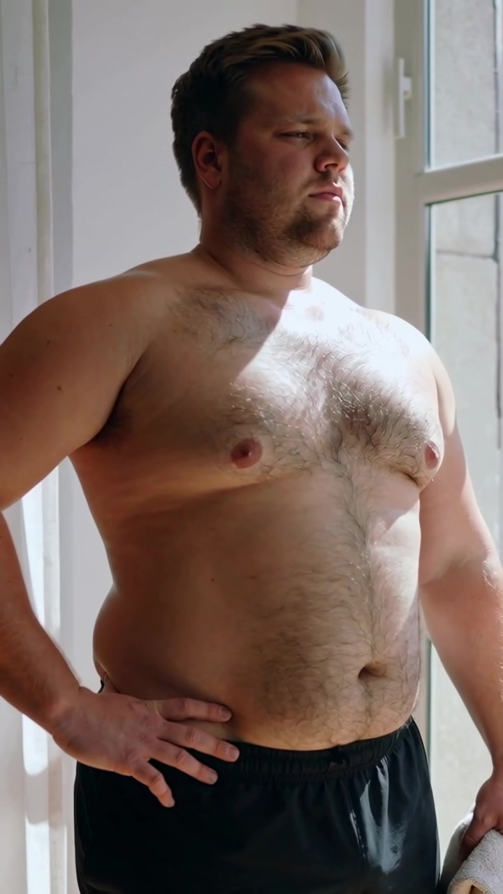 Video verticale: Uomo a torso nudo in pantaloncini neri in piedi, che tiene un asciugamano e osserva fuori dalla finestra alla luce del sole.