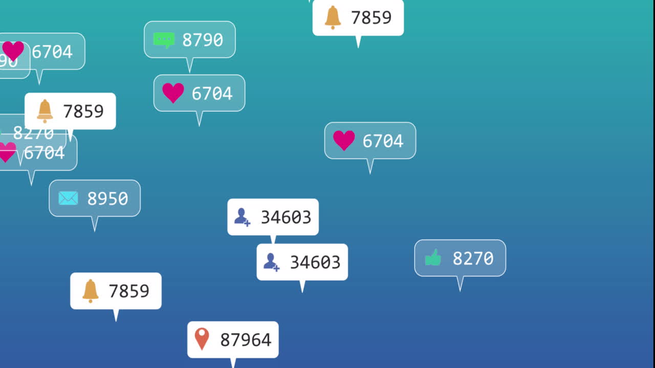 Animation of icons and changing numbers in notification bars against blue background