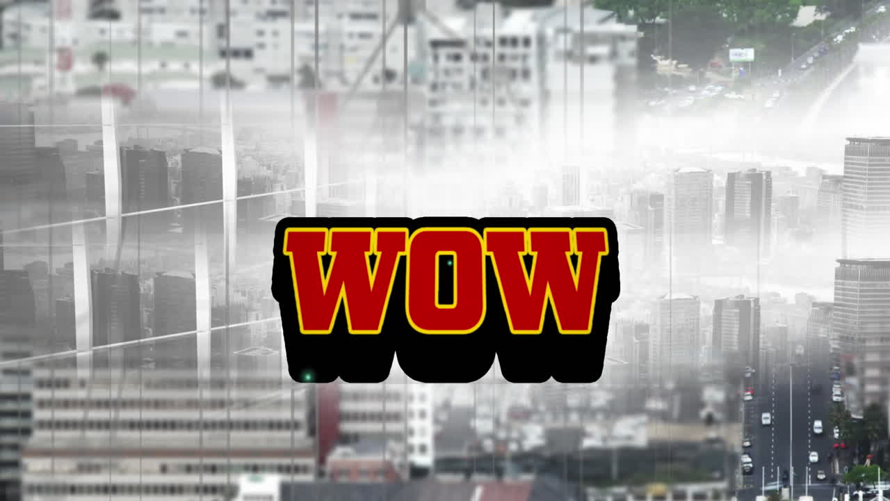 도시 풍경 배경 위에 와우 텍스트의 애니메이션