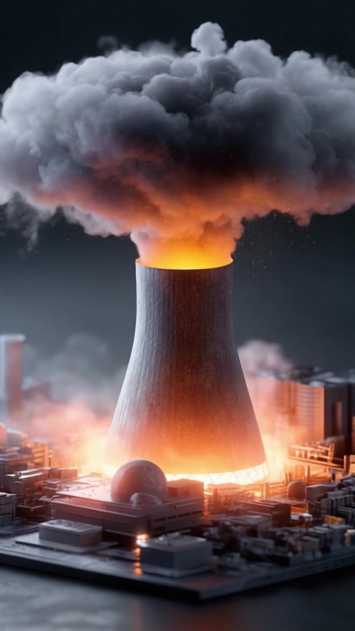 An Intense Eruption from a Nuclear Cooling Tower Surrounded by Smoke and Fire, Depicting a Catastrophic Event in a Post-Apocalyptic Cityscape