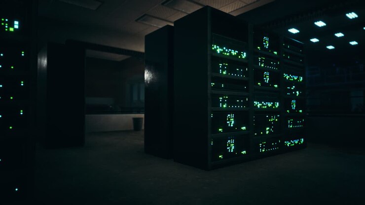Clean industrial interior of a data server room with servers
