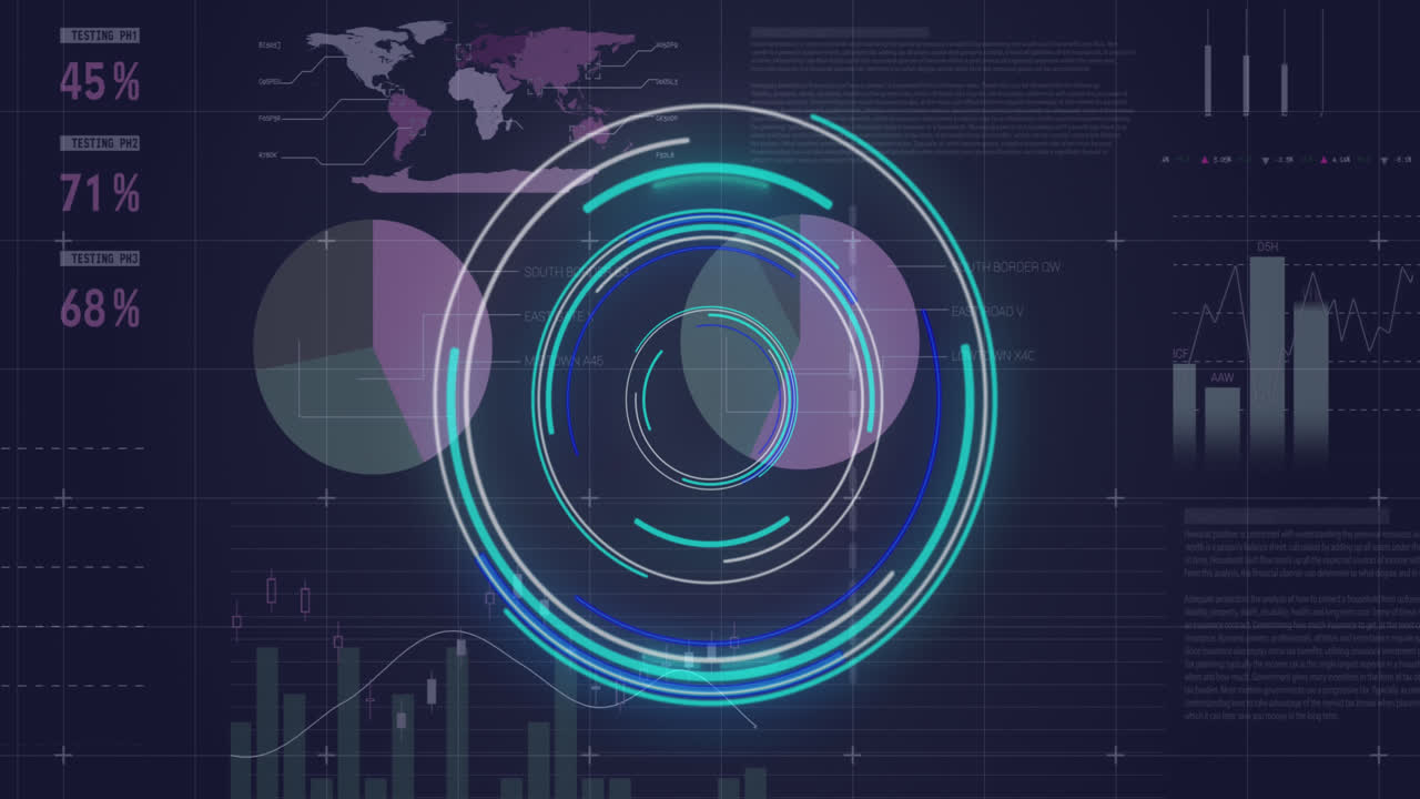 animación del escáner redondo y el procesamiento de datos estadísticos contra un fondo azul