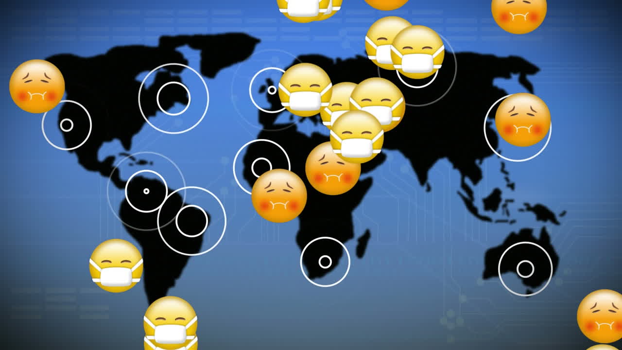 블루 배경의 세계 지도 위에 흐르는 이모지 그룹의 애니메이션.