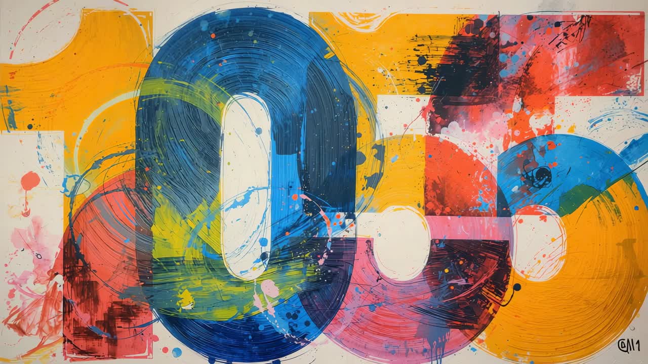 Kameran dras tillbaka och visar en stor canvas i ett galleri med cirkulära virvlar, golv och signatur