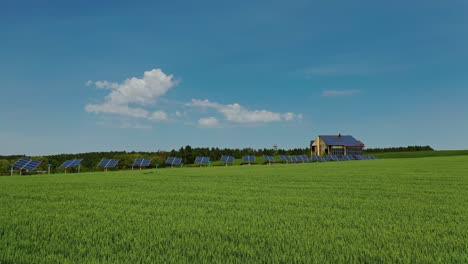 green agricultural field. photovoltaic sunny batteries among nature. solar cells collect ecological energy in bright sunny day. drone view.