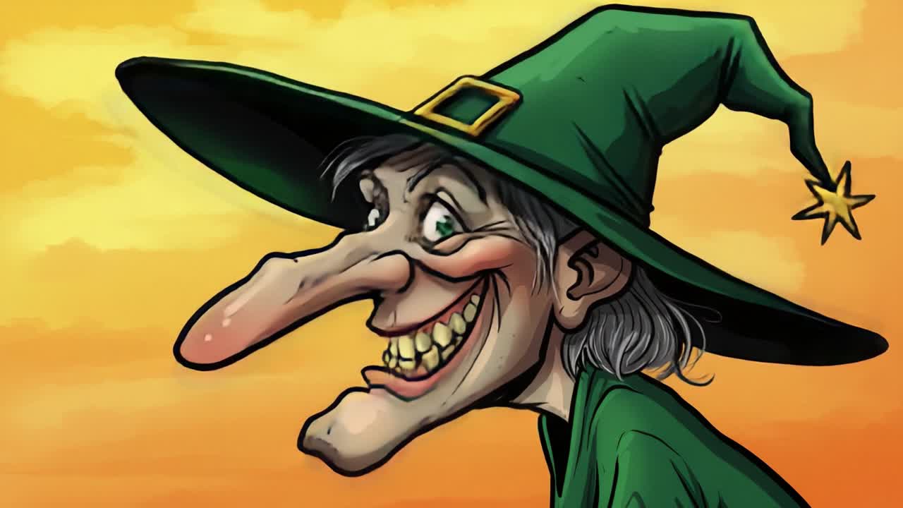 A mischievous witch with a sly smile stands against a vibrant sunset, showcasing her unique nose and playful persona, embodying the spirit of fantasy and magic