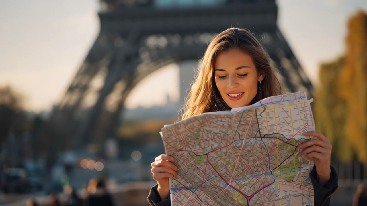 Riprese di una giovane turista sorridente che tiene e legge una mappa cartacea della città con la Torre Eiffel sullo sfondo, Parigi, Francia, concetto di viaggio
