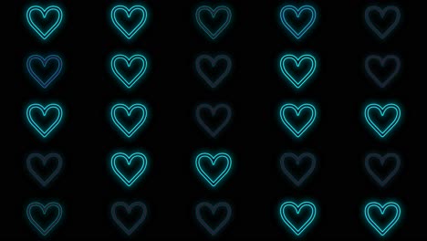 modern neon blue hearts pattern in rows on black gradient