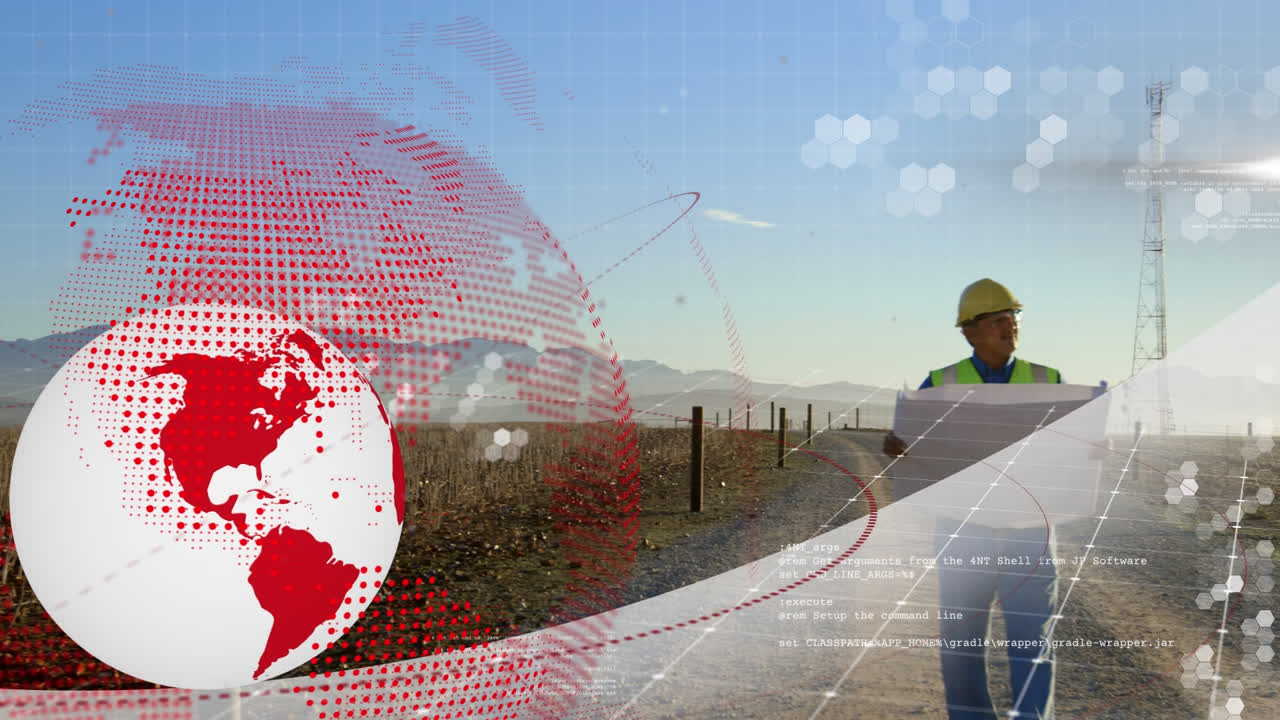 animación del globo y el mapa del mundo sobre el ingeniero y la turbina eólica