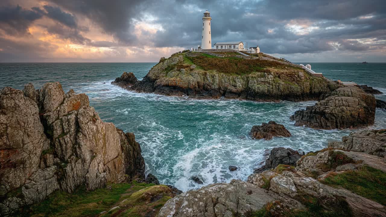 Una vista panoramica sulla costa con un imponente faro circondato da rocce frastagliate e acque turbolente sotto un cielo suggestivo al crepuscolo