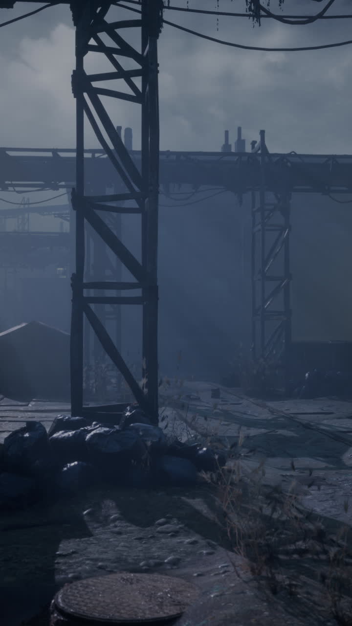 sitio industrial abandonado en la niebla