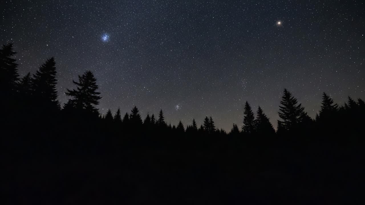 Starry Night Sky Over Forest Silhouette